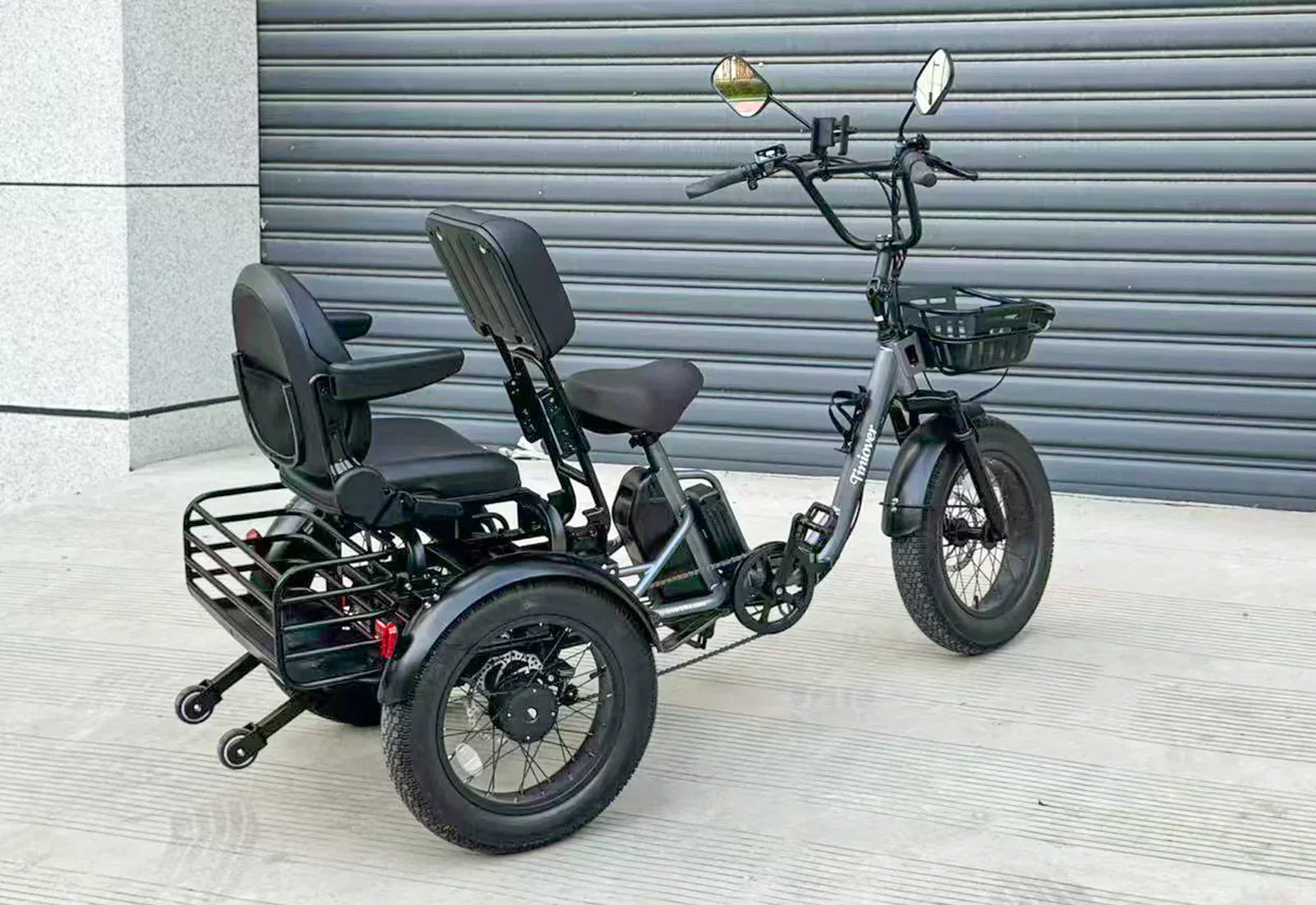 Tiniover creek electric trike with passenger seat, parking on the hill