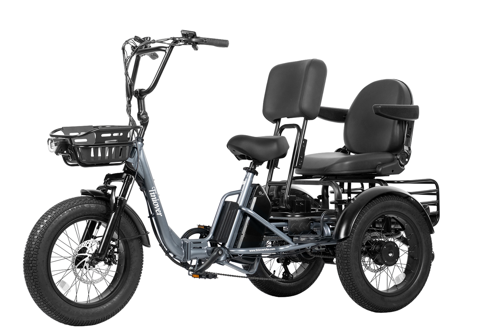 Tiniover Creek Pro torque-sensor electric tricycle in cement gray with Passenger Seat Kit and hydraulic brakes